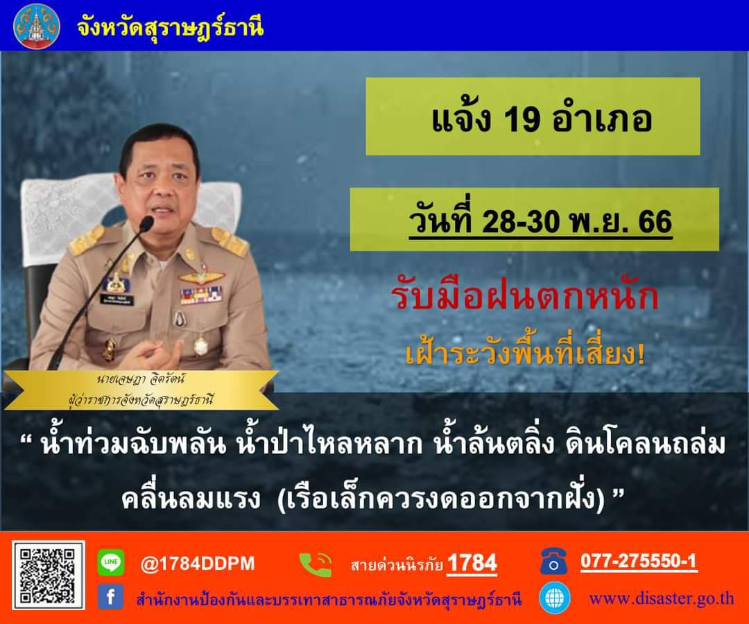 📢แจ้งเตือน!!🚨🚨
     นายเจษฎา จิตรัตน์ ผู้ว่าราชการจังหวัดสุราษฎร์ธานี แจ้ง 19 อำเภอ รับมือฝนตกหนัก วันที่ 28 - 30 พฤศจิกายน 2566 เฝ้าระวังพื้นที่เสี่ยง "น้ำท่วมฉับพลัน น้ำป่าไหลหลาก น้ำล้นตลิ่ง ดินโคลนถล่ม คลื่นลมแรง (เรือเล็กควรงดออกจากฝั่ง)"
📞สายด่วนนิรภัย 1784
📞077-275550-1 (สำนักงาน ปภ.จ.สุราษฎร์ธานี)